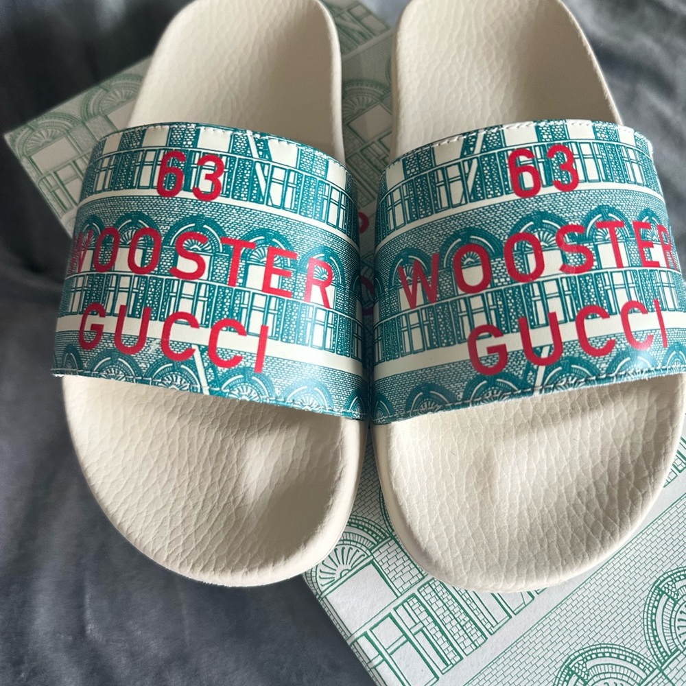 Gucci Wooster Slides in Teal and White with Red